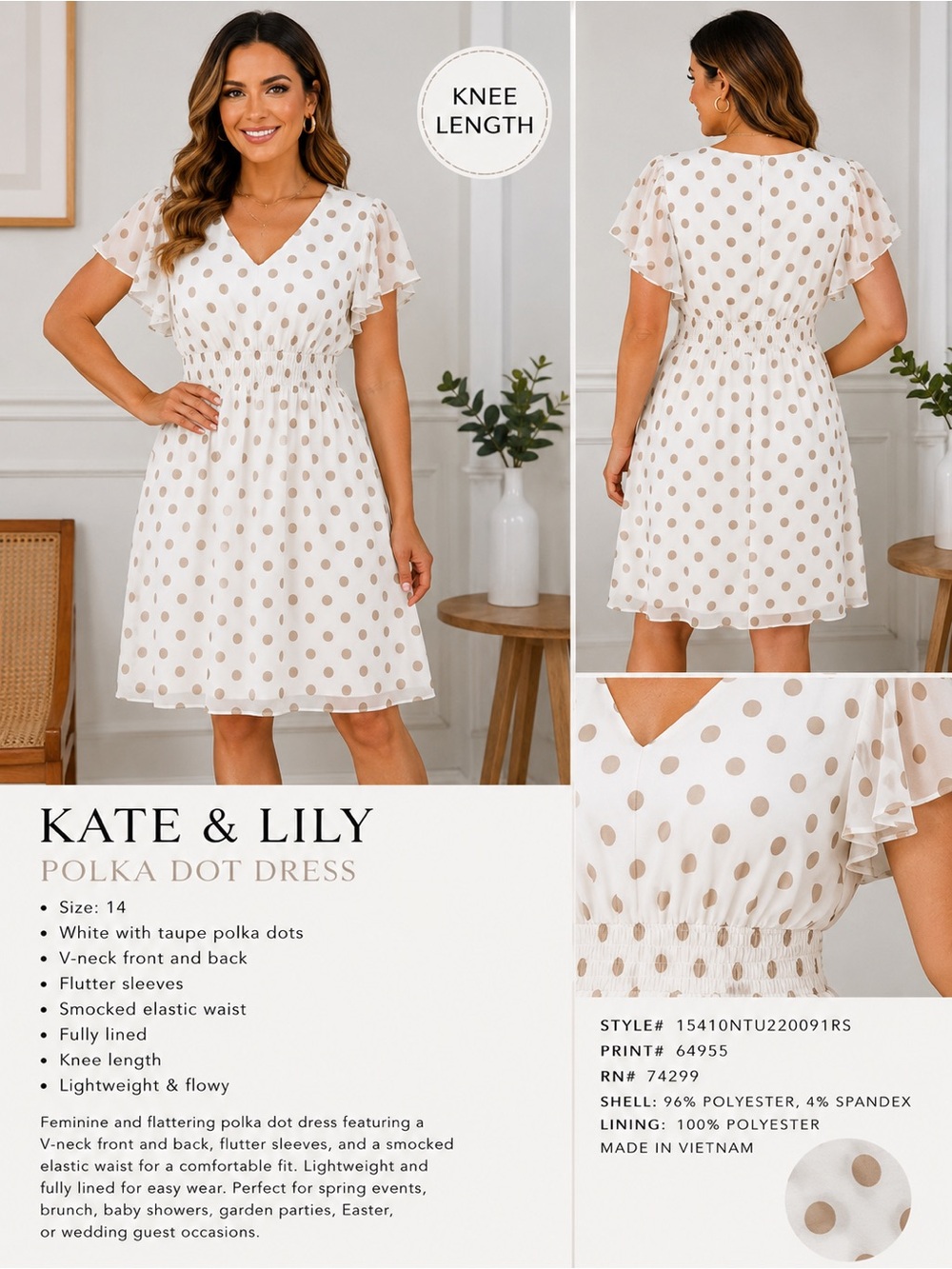 Kate & Lily Smocked Midi Dress Size 14 Ivory Taupe Polka Dot Puff Sleeve
